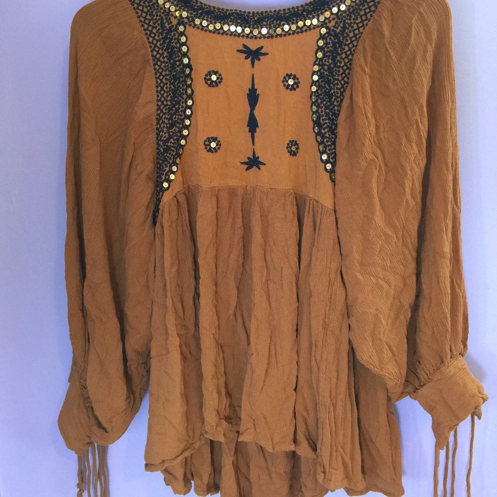 Anandas Embroidered Beaded Boho Smock Top